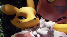 Renamon and guilmon they play tag and then get a prize