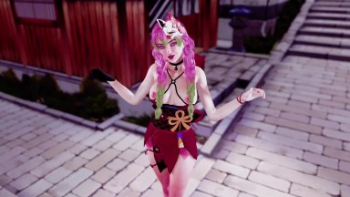 Playful Mitsuri Kanroji dancing and posing in skimpy dress without panties